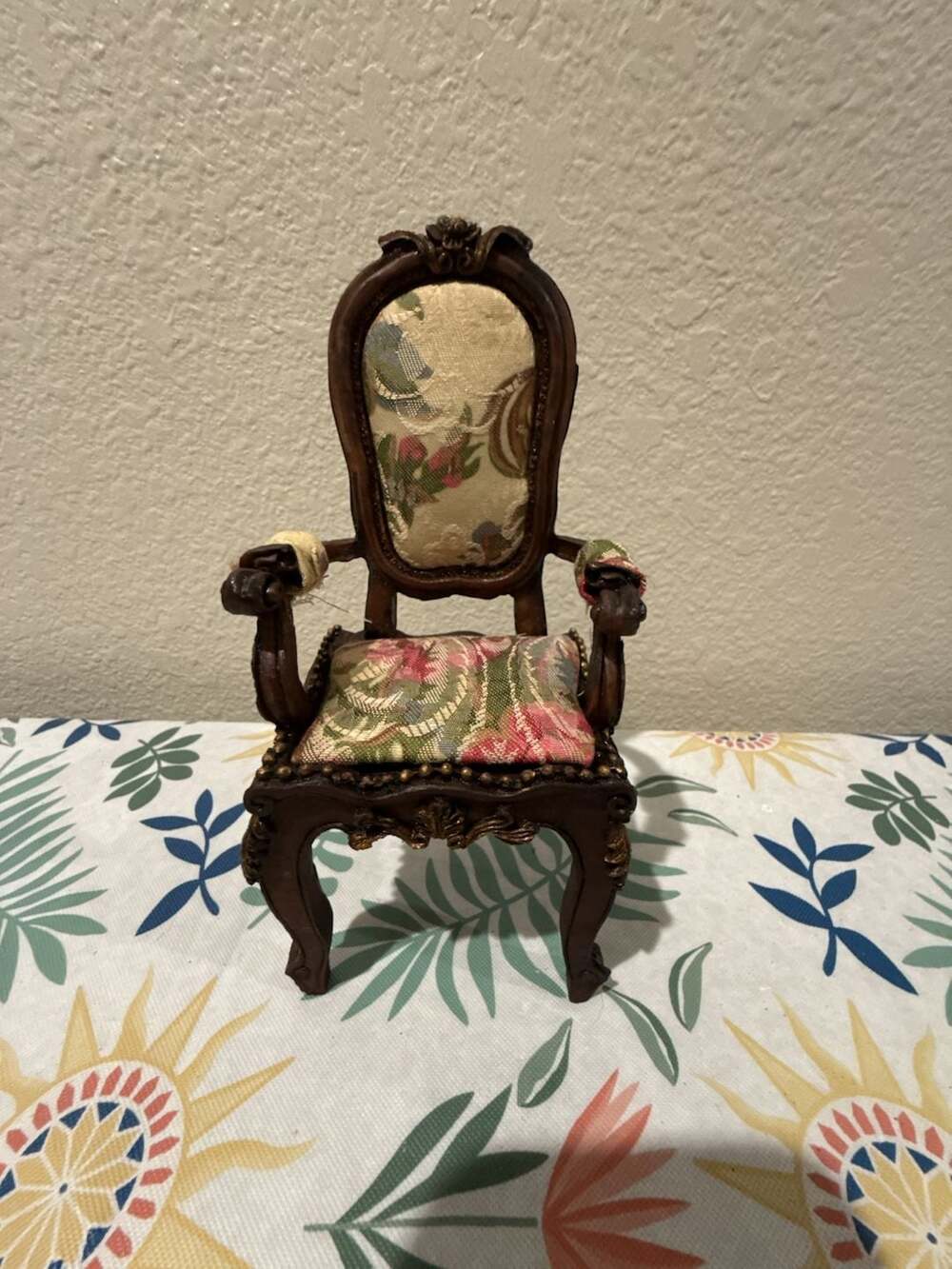 Vintage Miniature Rococo Style Dollhouse Armchair with Floral Upholstery